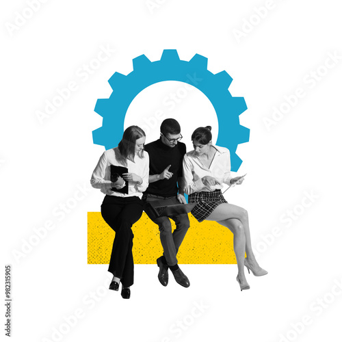 Colleagues sitting together, discussing something on their devices, with large gear behind them. Problem-solving, and competence. Contemporary art collage. Business, team building, cooperation concept photo