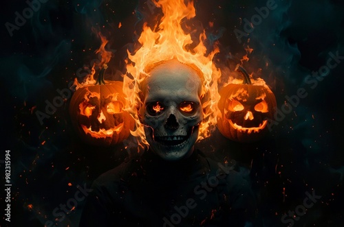 Three scary persons with burning skulls heads and carved pumpkins masks standing against the dark black smoke covered background. Inferno fire spooky horror Halloween gothic art illustration design.