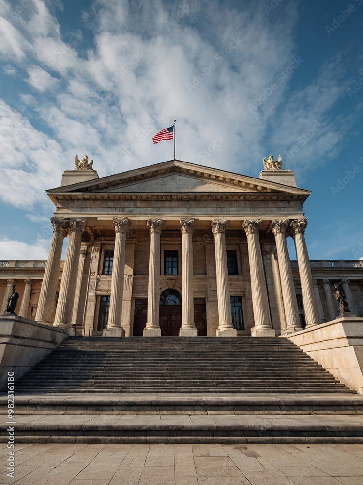 Obraz premium a grand neoclassical government building with imposing marble columns, a triangular pediment, and wide stone steps leading to its entrance