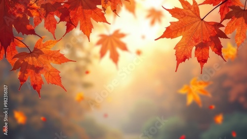 illustration in watercolor style: Red and orange autumn leaves frame a sunny blurred vertical background