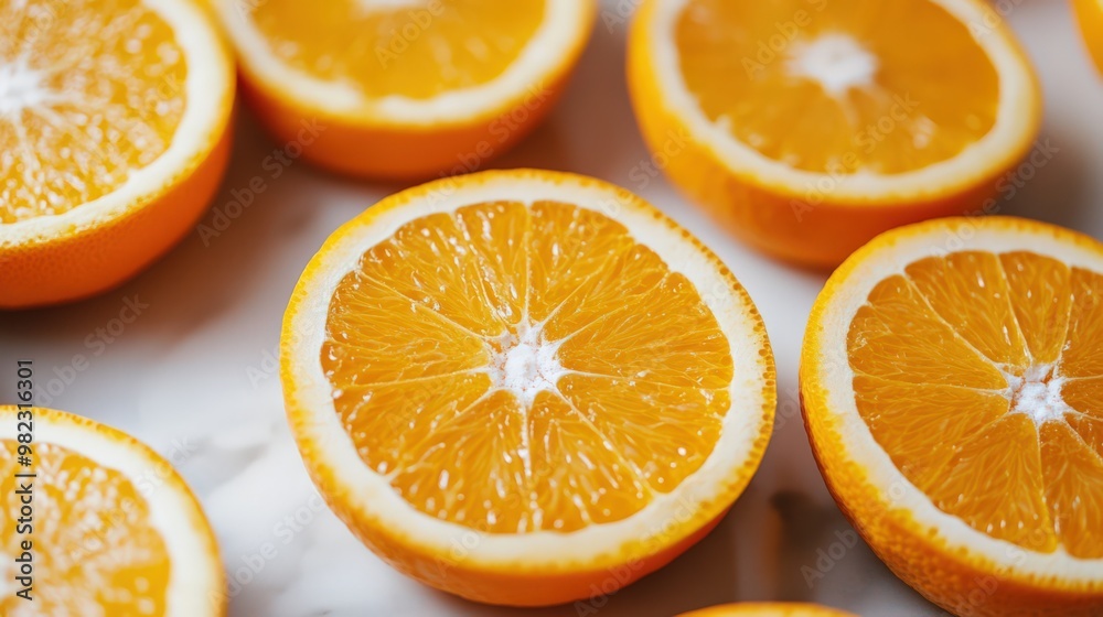 Fresh Orange Slices on Marble Surface Fresh Orange Slices on Marble Surface