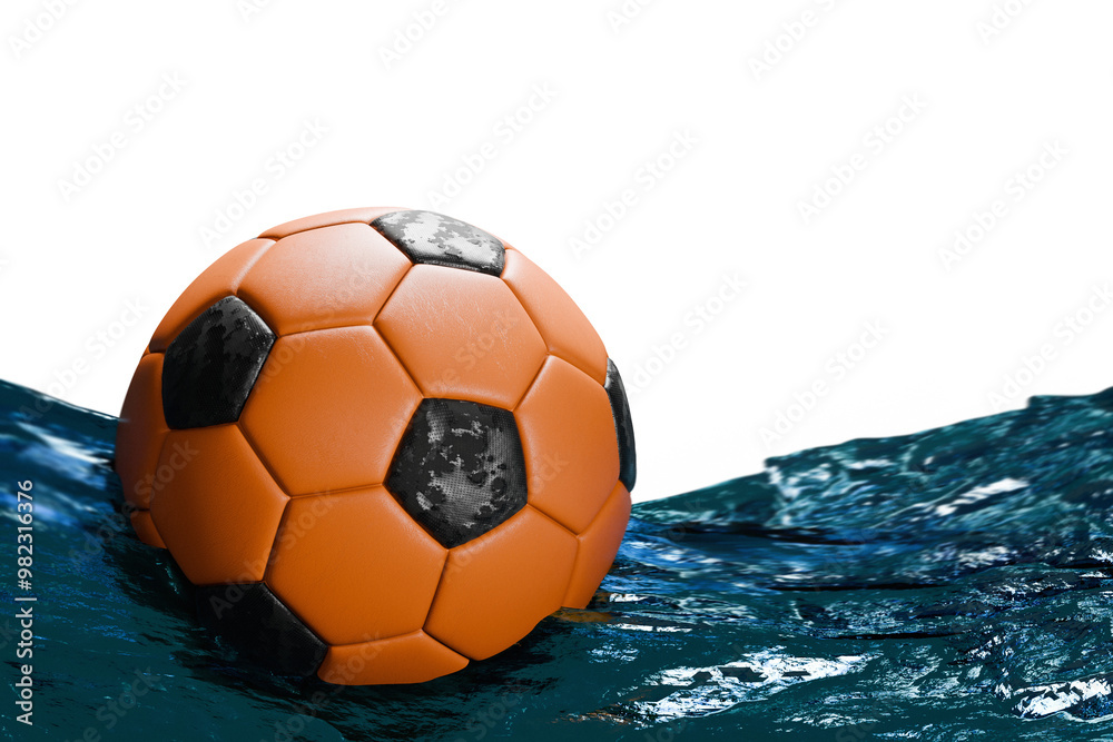Naklejka premium orange and black soccer ball floating in ocean, transparent background