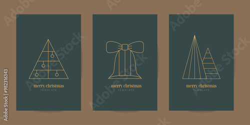 Elegant Merry Christmas invitation, card vector template. Luxury golden xmas, New year tree, bell illustrations for wrap, box, cover, poster
