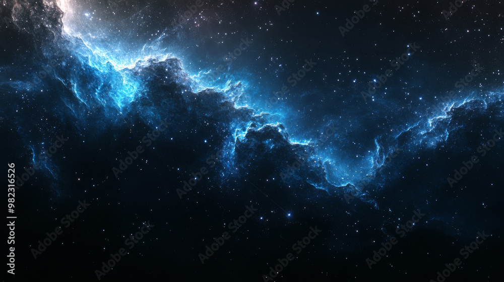 A 2D illustration captures the vastness of dark interstellar space. A deep, endless expanse of blue hues and cold nebula clouds stretches across the night sky, creating an ethereal backdrop. Scattered A 2D illustration captures the vastness of dark interstellar space. A deep, endless expanse of blue hues and cold nebula clouds stretches across the night sky, creating an ethereal backdrop. Scattered