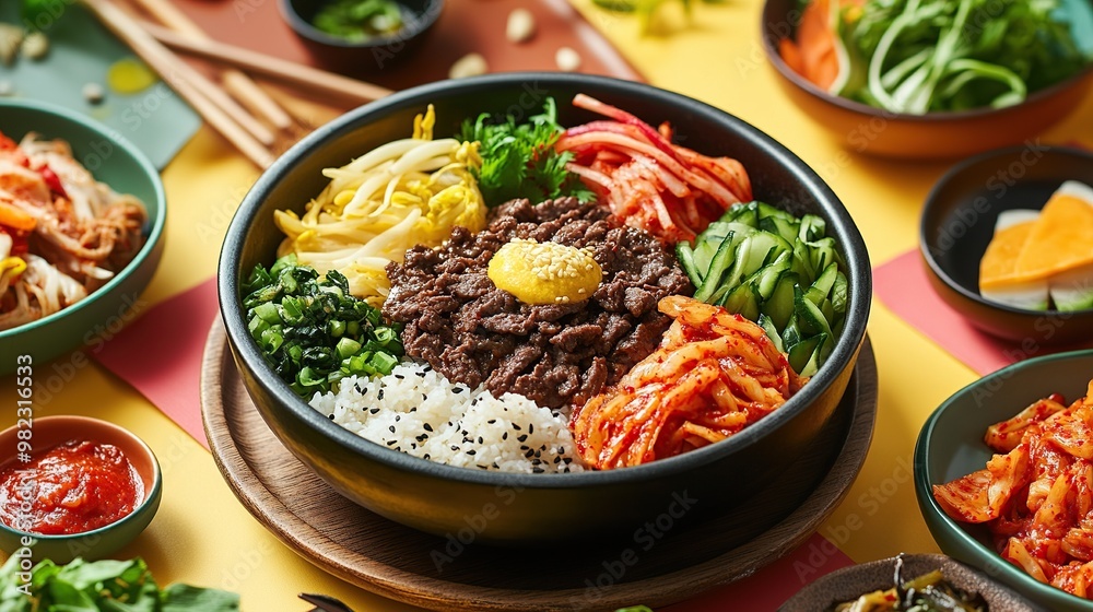 A colorful bowl of bibimbap with various vegetables and beef, showcasing Korean cuisine. A colorful bowl of bibimbap with various vegetables and beef, showcasing Korean cuisine.