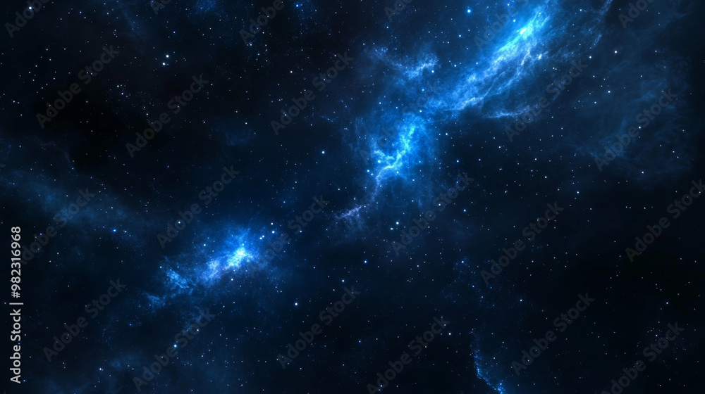 A 2D illustration captures the vastness of dark interstellar space. A deep, endless expanse of blue hues and cold nebula clouds stretches across the night sky, creating an ethereal backdrop. Scattered A 2D illustration captures the vastness of dark interstellar space. A deep, endless expanse of blue hues and cold nebula clouds stretches across the night sky, creating an ethereal backdrop. Scattered