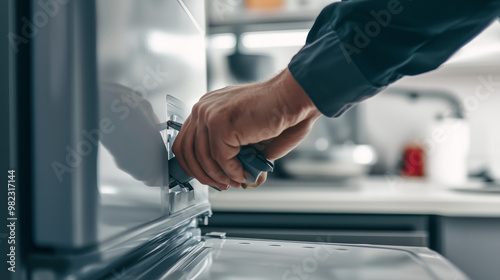 Technician's hand fixing a refrigerator