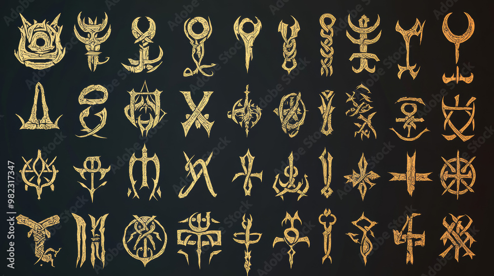 A vector illustration showcasing the complete collection of the Rune alphabet (Futhark), featuring the Rune Fehu. This artwork highlights mystical symbols associated with ancient Germanic writing.