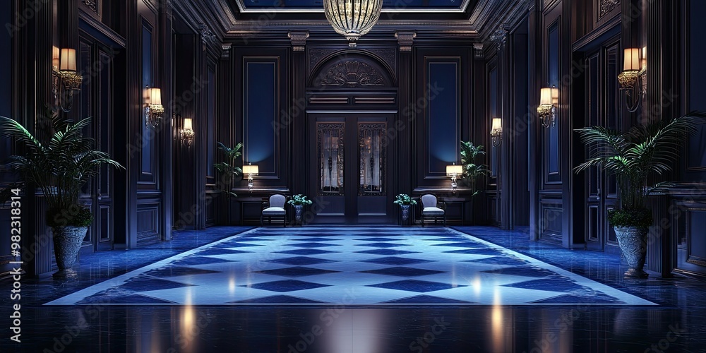 Fototapeta premium expensive hotel lobby with luxury indigo wooden panels, carvings royal style and elegant glowing floor 