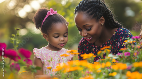 African mother and daughter exploring a flower garden at the park
