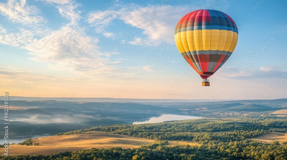 Obraz premium Colorful Hot Air Balloon Over Scenic Landscape