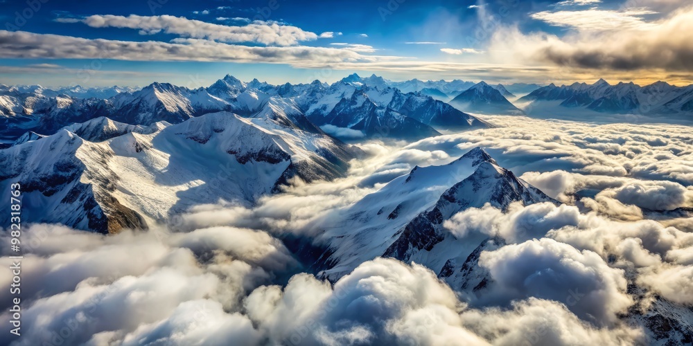 Snow-capped mountains glide into view, a breathtaking panorama unfolding as the aerial route navigates the serrated Snow-capped mountains glide into view, a breathtaking panorama unfolding as the aerial route navigates the serrated