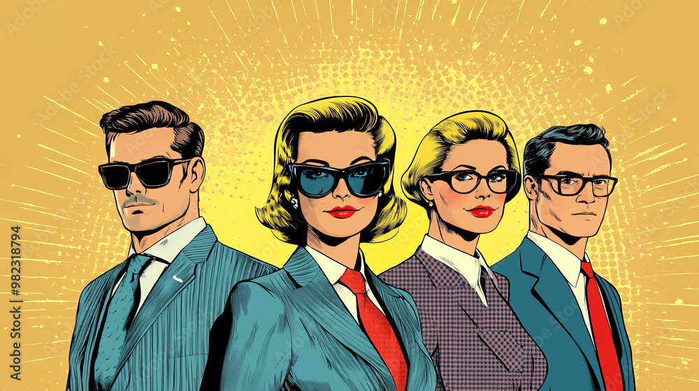 Good business team concept illustrated in a pop art retro vector style, featuring kitsch vintage elements from the 50s and 60s. Good business team concept illustrated in a pop art retro vector style, featuring kitsch vintage elements from the 50s and 60s.
