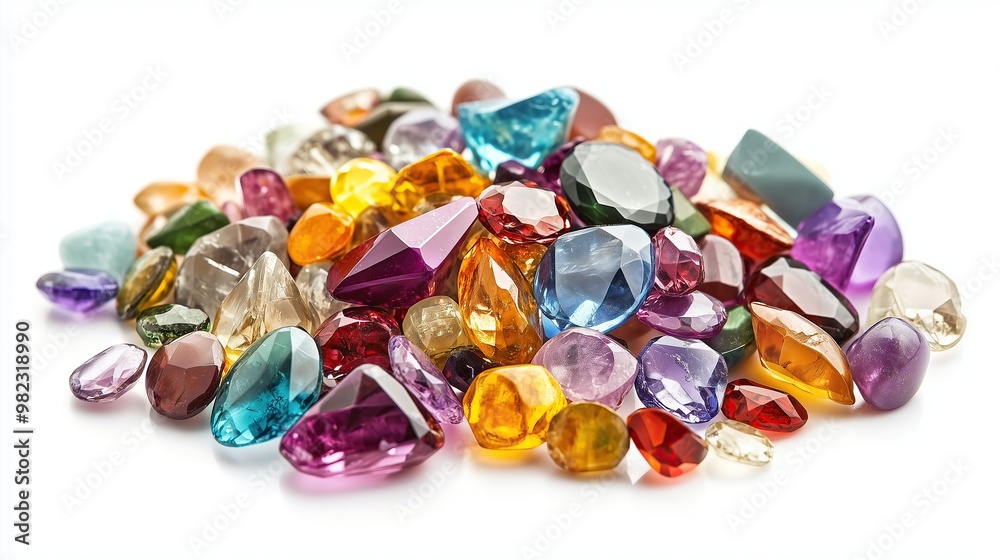 side view on one single colorful glass gems pile heap isolated on white background side view on one single colorful glass gems pile heap isolated on white background