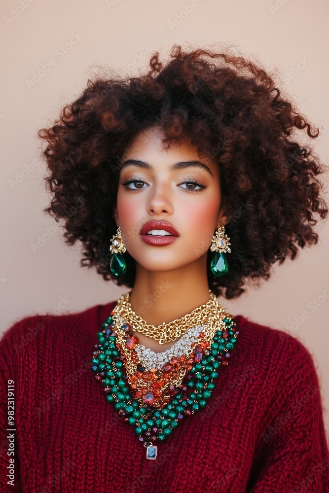 woman with statement necklace with oversized gemstones in deep autumn hues, featuring layers of gold chains, worn over a cozy knit sweater woman with statement necklace with oversized gemstones in deep autumn hues, featuring layers of gold chains, worn over a cozy knit sweater