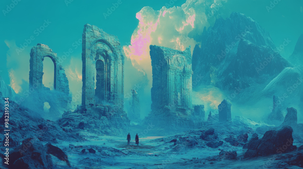 This 3D illustration showcases a futuristic landscape set in a space opera universe, featuring strikingly designed ruins that hint at a once-great civilization. The digitally painted environment combi This 3D illustration showcases a futuristic landscape set in a space opera universe, featuring strikingly designed ruins that hint at a once-great civilization. The digitally painted environment combi