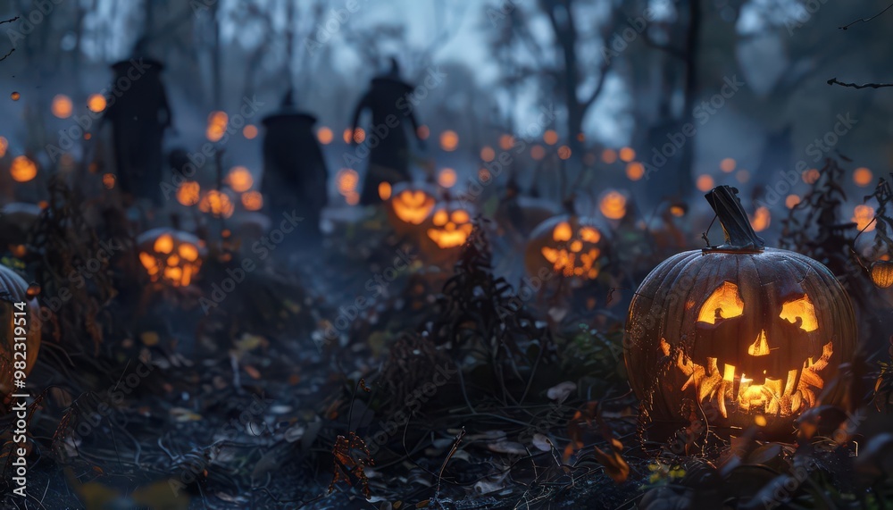 Ghostly figures in a haunted pumpkin patch, flickering lights, photorealistic detail, medium shot, mysterious ambiance, intricate pumpkin designs, adventurous shivers Ghostly figures in a haunted pumpkin patch, flickering lights, photorealistic detail, medium shot, mysterious ambiance, intricate pumpkin designs, adventurous shivers