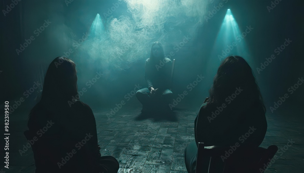 Three people sit in a dark, foggy room with dramatic lighting, creating a mysterious and suspenseful atmosphere. Three people sit in a dark, foggy room with dramatic lighting, creating a mysterious and suspenseful atmosphere.