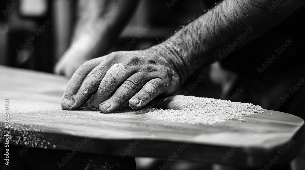 Carpenter's hand sanding a wooden chair Carpenter's hand sanding a wooden chair