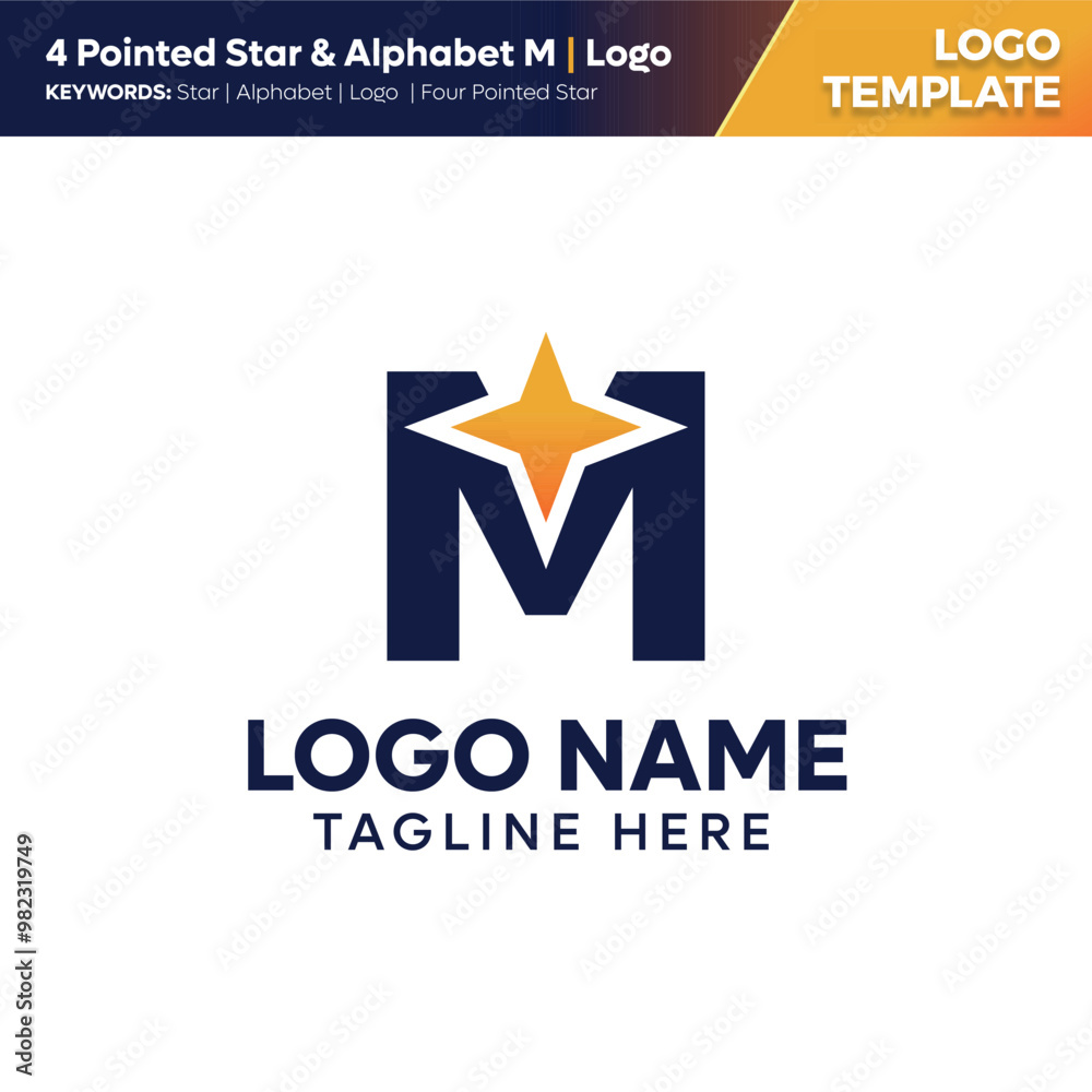 Four Pointed Star with Letter M Logo Template