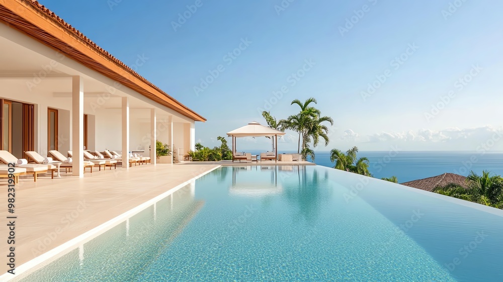 Fototapeta premium A serene infinity pool overlooking a tropical paradise, complete with luxury cabanas and personal attendants, reflecting an exclusive lifestyle