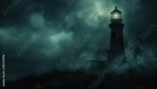 Moody lighthouse at night enveloped in fog with a glowing beacon provides a dramatic contrast against the dark, stormy sky.