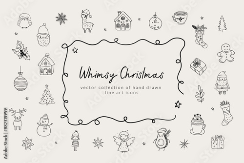 Christmas hand drawn whimsical line art icons, 
Vector illustrations, Xmas clipart, hand sketched doodle icons, Hand Drawn Swirl Frame, Quirky style drawing, Santa Claus, deer, snowman, elf
