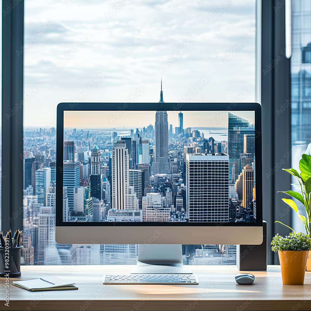 Desktop monitor on an office desk, with a city skyline emerging from the screen Desktop monitor on an office desk, with a city skyline emerging from the screen