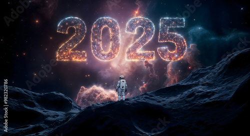 An astronaut standing on space, looking at the the stars that make up the text number 2025. New Year on Space concept