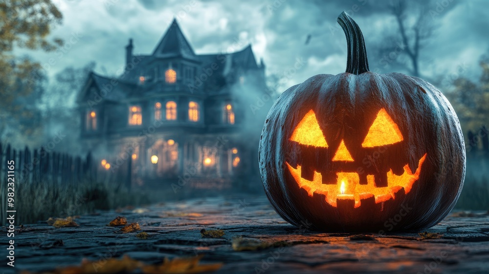 Halloween pumpkin with candlelight in front of a haunted house background,