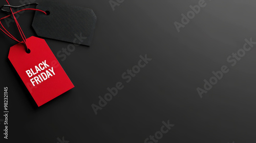 Aesthetic black promotional banner with red tag BLACK FRIDAY, copy space. Big sale concept. Generative AI photo