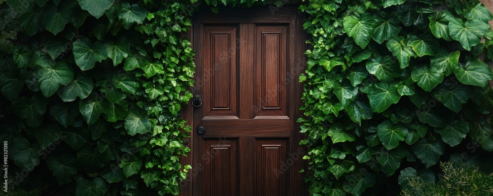 Ivy crawling along a classic wooden door Ivy crawling along a classic wooden door