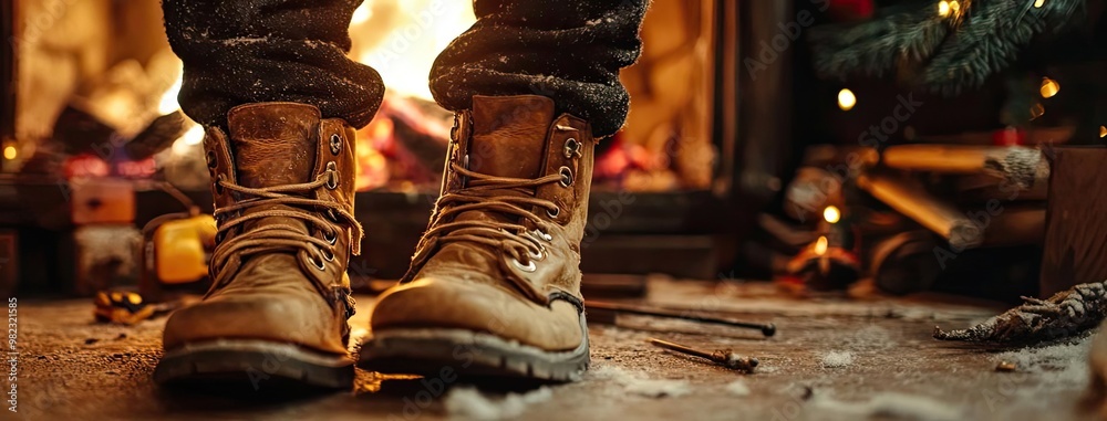 Cozy scene featuring warm boots in front of a festive fireplace, surrounded by holiday decorations and a sense of winter comfort.