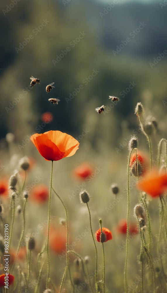 Fototapeta premium Beautiful summer meadow with wild flowers poppies and bee on background summer landscape nature scen
