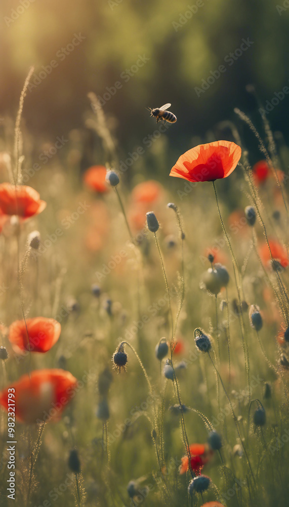 Fototapeta premium Beautiful summer meadow with wild flowers poppies and bee on background summer landscape nature scen