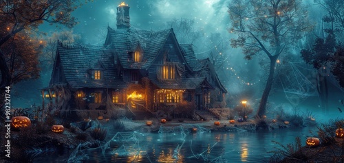 Enchanted house by a misty lake, illuminated by pumpkins and moonlight, creating a magical, eerie atmosphere.