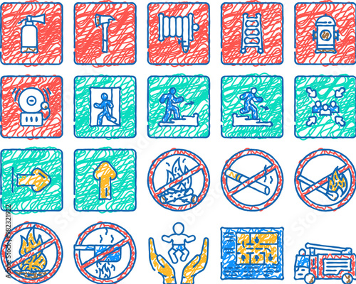 emergency fire exit safety escape doodle icons set vector. sketch line art building green, rescue red, evacuation signal, warning danger, equipment ladder risk emergency fire exit color illustrations