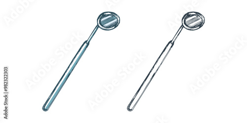Dental inspection mirror for teeth hand drawn sketch illustration on white background. Vector illustration.  Toothache treatment.
