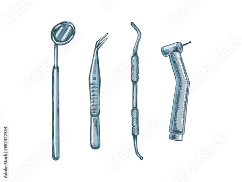 Hand drawn stomatology attributes. Professional dental tools  vintage vector illustration set isolated on white background. Equipment for orthodontists.