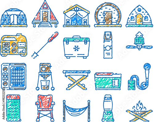 glamping tent nature luxury tipi doodle icons set vector. sketch line art forest africa, barbecue glamour, camp, campfire bubble, chair beach, glamping tent nature luxury tipi color illustrations