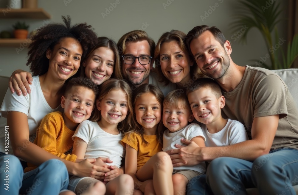 A large, friendly, cheerful family of different generations sits on a sofa hugging and looks at the camera A large, friendly, cheerful family of different generations sits on a sofa hugging and looks at the camera