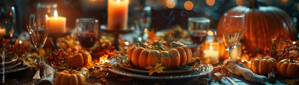 Festive Thanksgiving table setting with pumpkins, candles, and autumn decorations, creating a cozy holiday dining atmosphere. Festive Thanksgiving table setting with pumpkins, candles, and autumn decorations, creating a cozy holiday dining atmosphere.