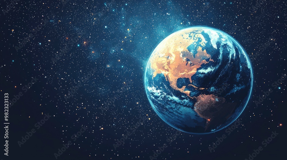 Naklejka premium A stunning view of Earth from space, showcasing the continents and cloud formations against a backdrop of stars at night. with copy space.