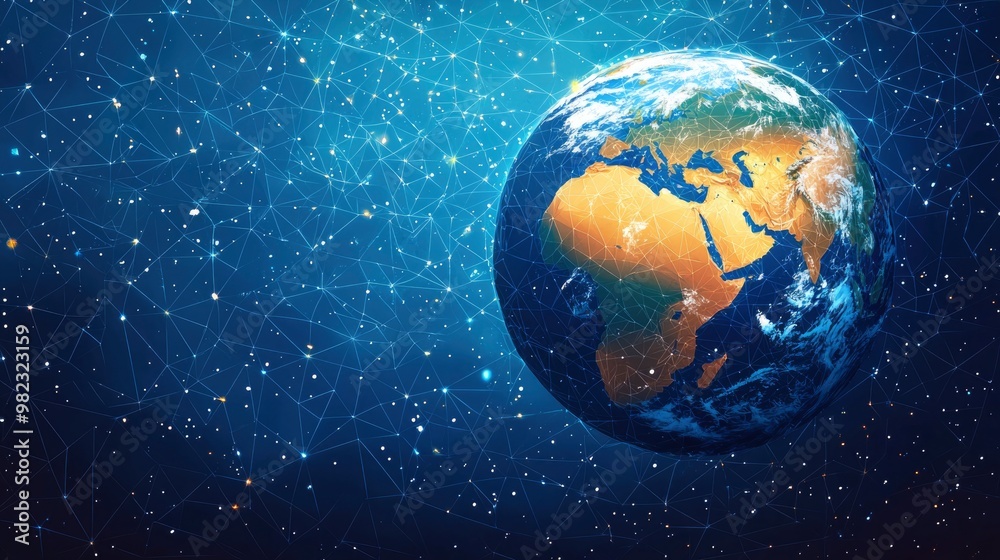 Fototapeta premium Earth is beautifully illuminated from a distance, highlighting continents and oceans, while the dark expanse of space is filled with twinkling stars.