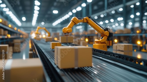 A robot arm placing packages onto a conveyor belt in a high-tech warehouse.