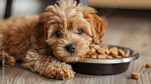 A small cute Maltipoo puppy near a bowl of food. AI Generated