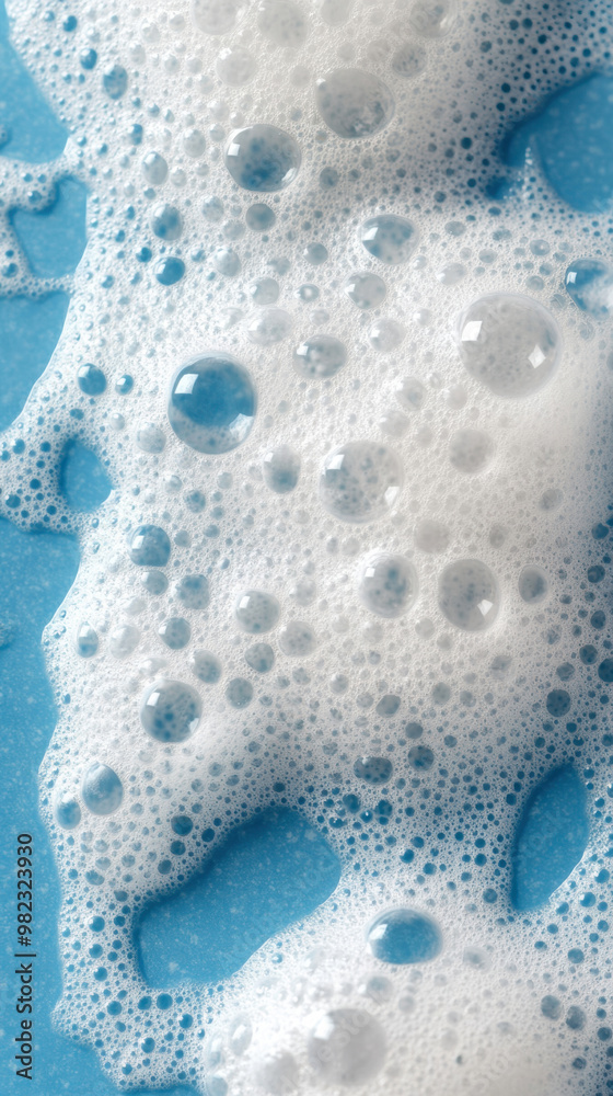 Close-up illustration of soap bubbles forming a foamy texture on a blue background. Skincare cosmetic product. Clean and hygiene Close-up illustration of soap bubbles forming a foamy texture on a blue background. Skincare cosmetic product. Clean and hygiene