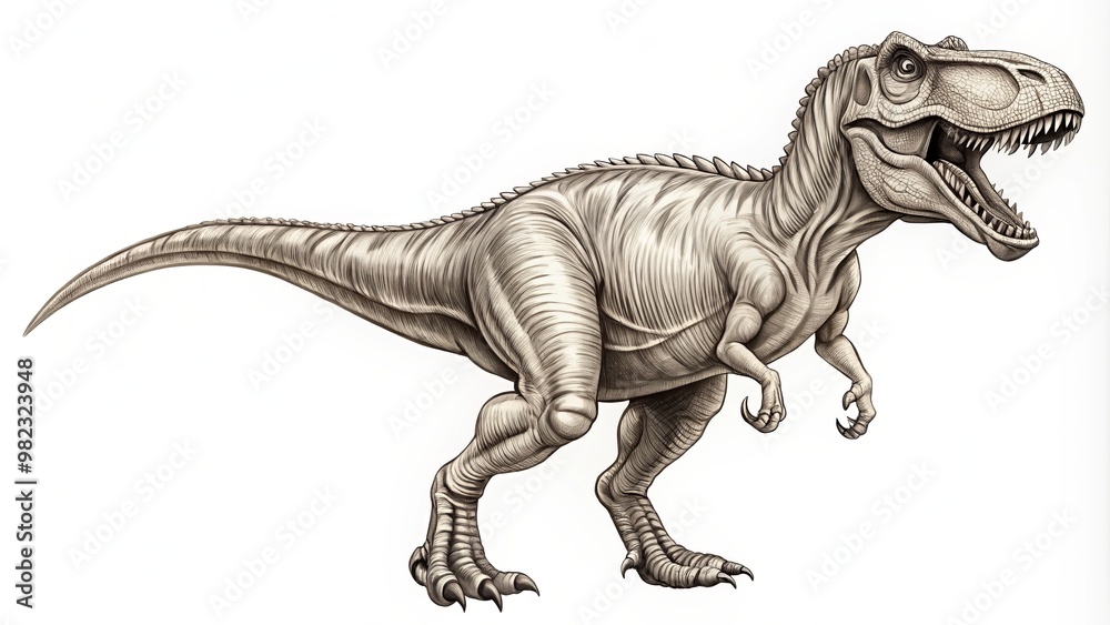 Sturdy legs and long tail support the massive body of the Tyrannosaurus rex as it roams the ancient Sturdy legs and long tail support the massive body of the Tyrannosaurus rex as it roams the ancient
