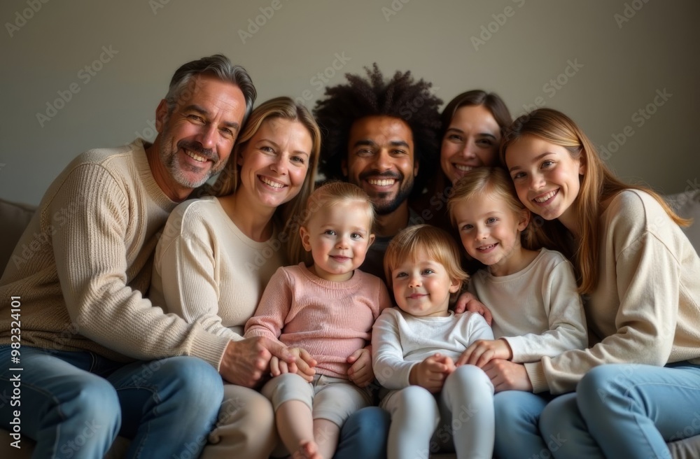 A large, friendly, cheerful family of different generations sits on a sofa hugging and looks at the camera A large, friendly, cheerful family of different generations sits on a sofa hugging and looks at the camera