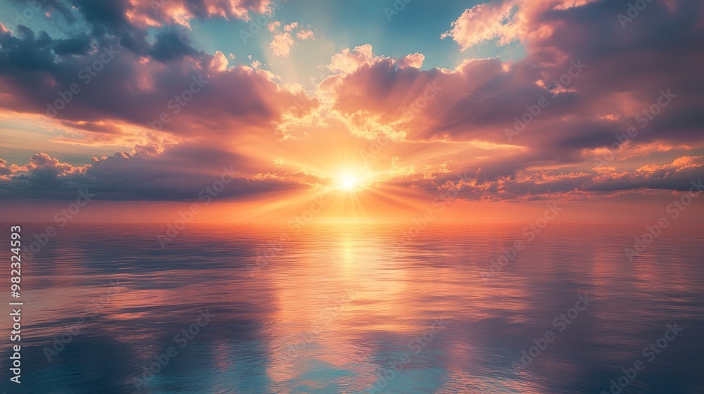 Dramatic Sunset Over a Tranquil Sea with a Reflection of the Sky in the Water Dramatic Sunset Over a Tranquil Sea with a Reflection of the Sky in the Water